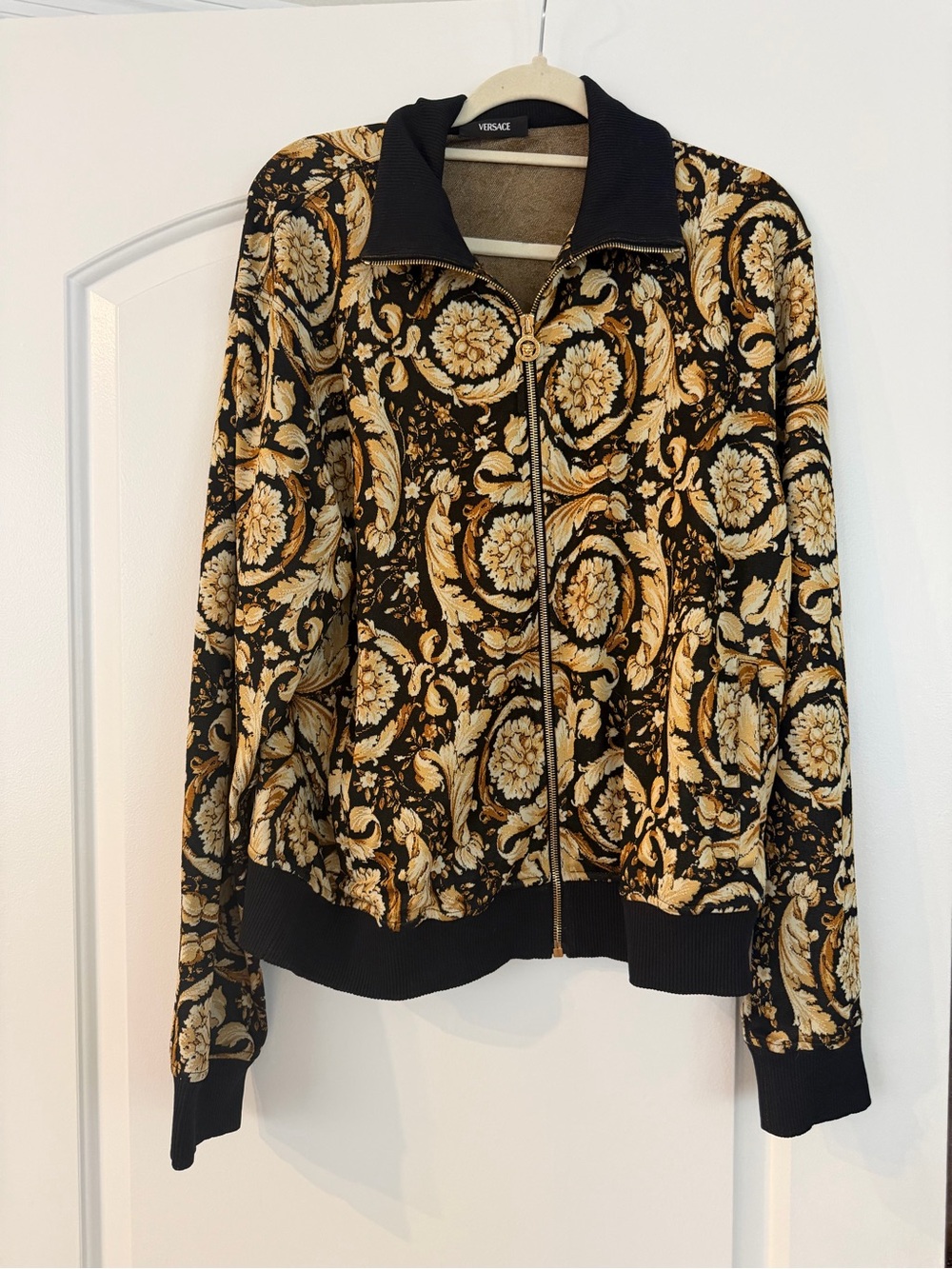 Versace Black & Gold Baroque Zip Jacket with Ribbed Trim